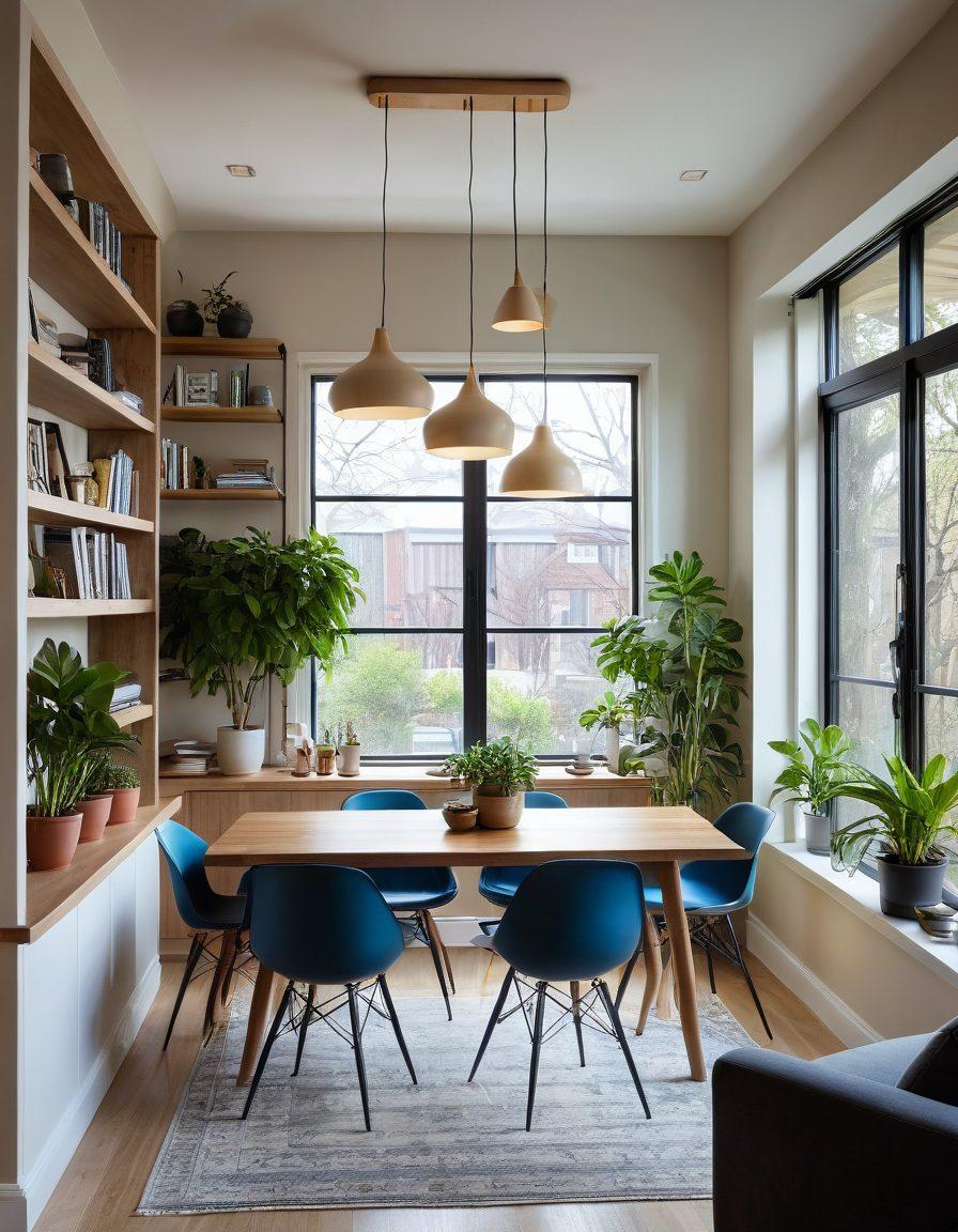 A beautifully designed living room showcasing a blend of stylish energy-efficient lighting solutions, featuring pendant lights above a modern dining table, floor lamps in cozy reading nooks, and soft LED strip lighting along shelves. Include elements of nature, like potted plants and large windows allowing natural light to fill the space. The atmosphere should feel warm and inviting, emphasizing sustainability without sacrificing style. super-realistic. vibrant colors.