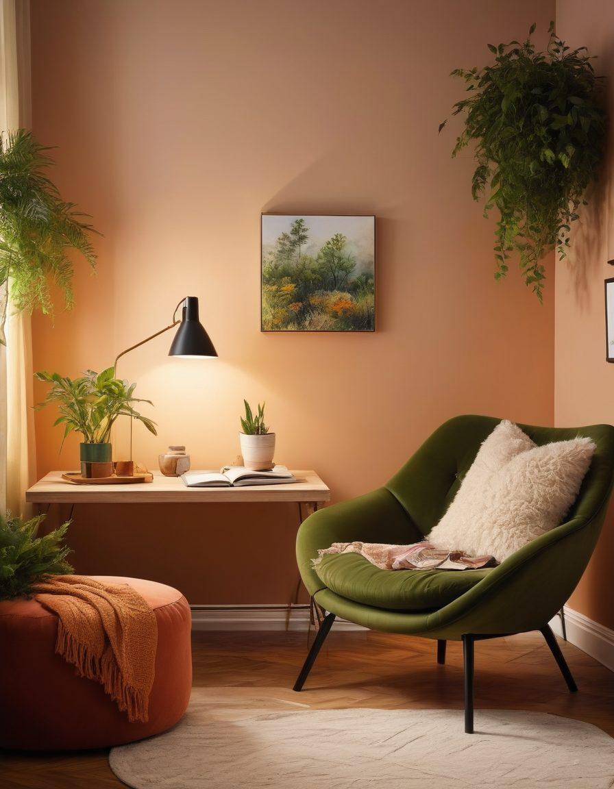 A cozy room with a blend of ambient and task lighting showcasing innovative lamp designs. Include warm, inviting colors emanating softly from stylish fixtures, a comfortable chair, and a desk with a modern lamp. Add artistic elements like sketches, plants, and warm textures to inspire creativity. The atmosphere is bright yet soothing, inviting viewers to explore lighting options. super-realistic. vibrant colors. warm tones.